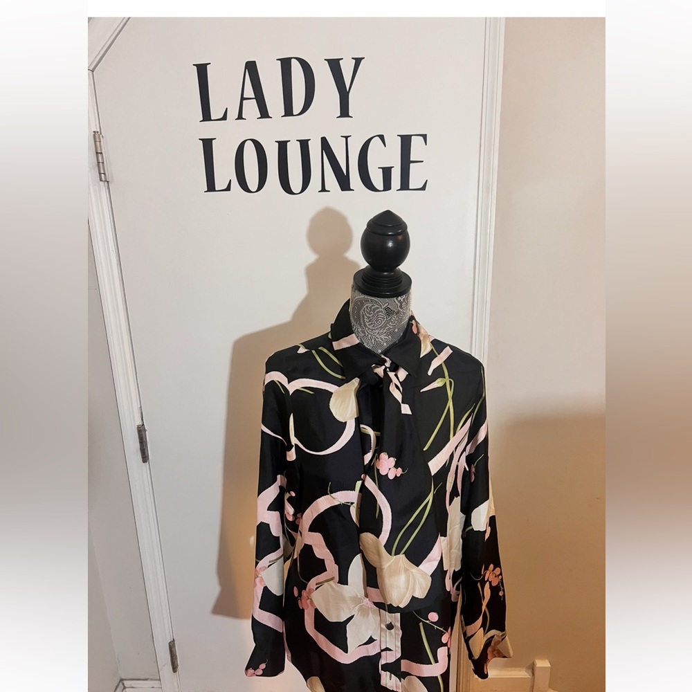 Salvatore, Ferragamo Floral Black Blouse with Pink and Cream Accents